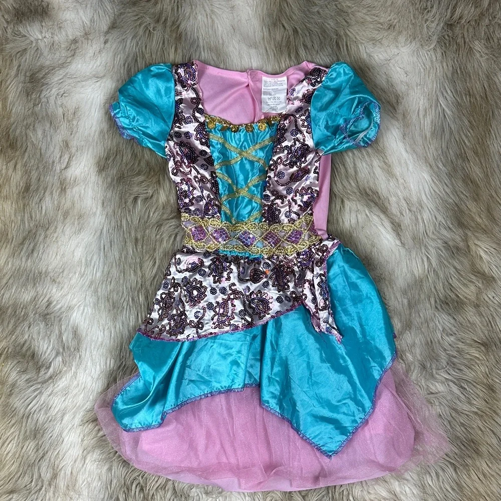 Girls Fairy Halloween Costume Dress Gold Coin Teal Pink Size M